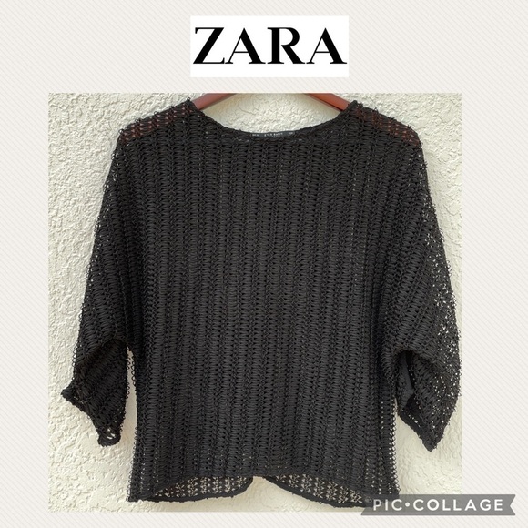 Zara black open crochet top 3/4 sleeves XS - Picture 1 of 6